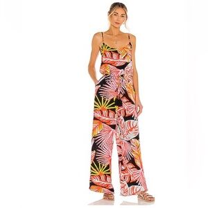 Maaji Tropical Print Black Jumpsuit Coverup with Pink, Orange & Yellow Leaves